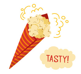Popcorn cartoon cinema poster. Small box delicious popcorn. Cinema concept, watching movie, takeaway food, fast food snack icons. Flat style classic striped red white cardboard. Hand drawn vector