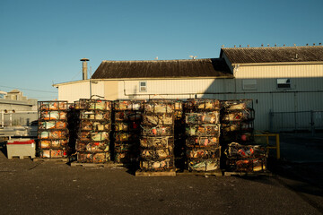 Stored crab and lobster pots, or traps, at the Blaine docks in Washington State, USA
