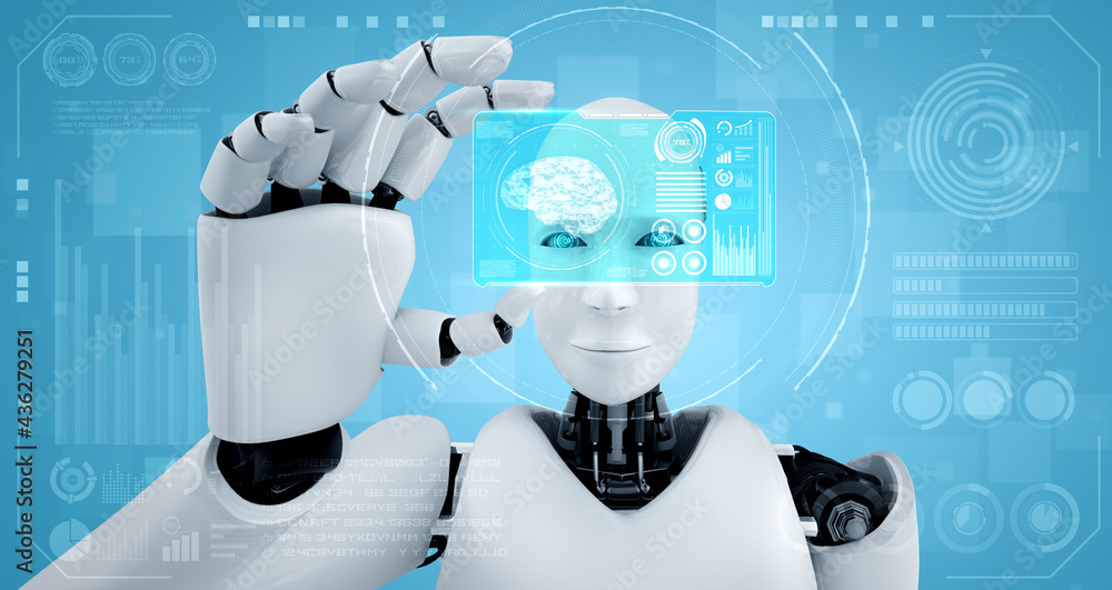 Poster robot humanoid hold hud hologram screen in concept of ai thinking brain, artificial intelligence and