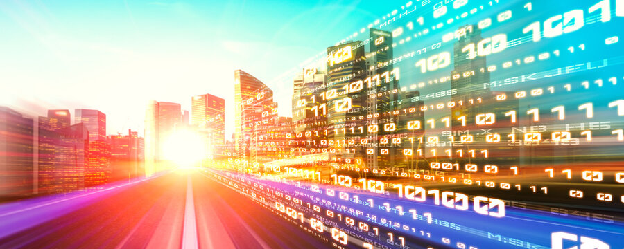 Digital data flow on road with motion blur to create vision of fast speed transfer . Concept of future digital transformation , disruptive innovation and agile business methodology . © Blue Planet Studio