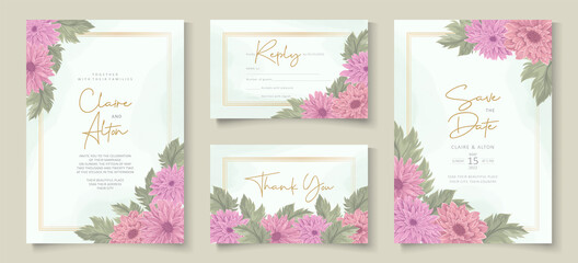 Fototapeta na wymiar Elegant wedding invitation design with pink chrysanthemum flower ornament