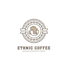 Ethnic african coffee logo in round badge icon style with tribe ethnic pattern decoration