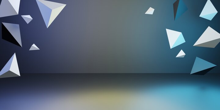 Abstract pattern of triangles with empty space in the center. 3D illustration of a color studio for product presentation and advertising. 3D rendering.