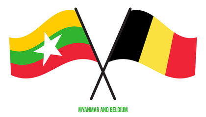 Myanmar and Belgium Flags Crossed And Waving Flat Style. Official Proportion. Correct Colors.