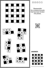 Broken, or jigsaw, crossword puzzle word game (English language). Answer included.
 - obrazy, fototapety, plakaty