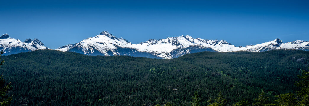 Panorama View of the Tantalus Range. The view is from a Viewpoint on the Sea to Sky Highway between Squamish and Whistler, British Columbia, Canada