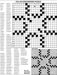 Fototapeta premium Fill in the blanks crossword puzzle with american style grid of 21x21 size, 68 blocks, 110 words, one letter revealed. Answer included. 