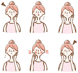 肌トラブル　女性　イラストセット