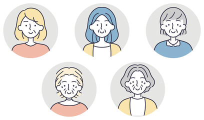 笑顔　シニア女性セット　シンプルイラスト