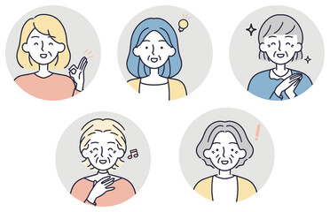 笑顔　シニア女性セット　シンプルイラスト