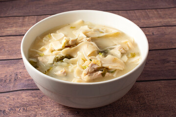WANTAN SOUP WITH NOODLES, CHICKEN, QUAIL EGGS, CHINESE CABBAGE AND HOLANTAO