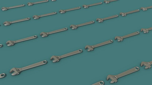 a lot of Adjustable Spanner Wrench in a row. High quality 4k footage