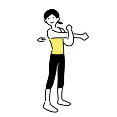 腕を伸ばすストレッチをするシンプルな女性