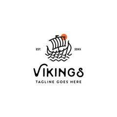 old ancient nordic sailing boat and waves logo icon vector template - obrazy, fototapety, plakaty