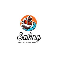 old ancient sailing boat and sea waves logo icon vector template