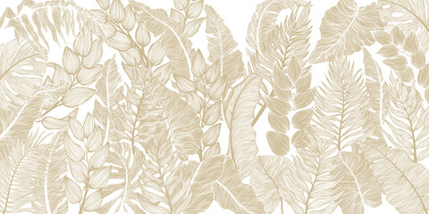 Horizontal background with various exotics golden leaves. Hand drawn luxury golden tropical leaf on dark background. Vector linear illustration of leaves.