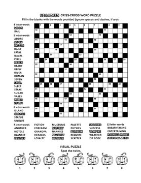 Halloween themed puzzle page with 19x19 criss-cross word game (English language) and visual puzzle with whimsical pumpkins. Black and white, A4 or letter sized.
