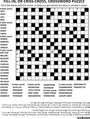 Criss-cross (or fill-in, else kriss-kross) crossword puzzle game of 19x19 grid, fitting Letter or A4 size paper, with general knowledge family friendly content. Answer included. 
