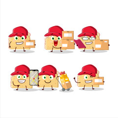Cartoon character design of apple sandwich working as a courier