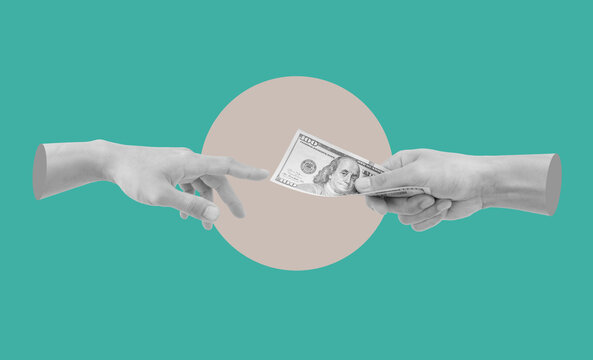 Digital collage modern art. Hand giving and receiving money 