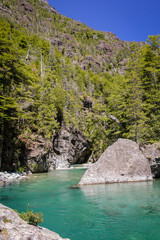 mountain river in the forest, in the afternoon during summer in Chubut, Patagonia Argentina