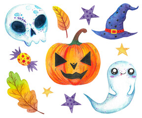 Fototapeta premium Watercolor set of Halloween illustrations. Hand drawn holiday autumn icons. Pumpkin, skull, ghost, magic hat. Witch artifacts, warlock items. Isolated objects on white.