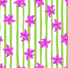 Bright pink orchid flowers silhouettes seamless pattern. Floral backdrop. White and green striped background.