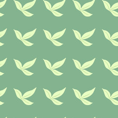Decorative botanic seamless pattern with doodle minimalistic leaf ornament. Green background.