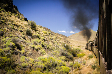 Train into the mountains in the morning during summer in Chubut, Patagonia Argentina
