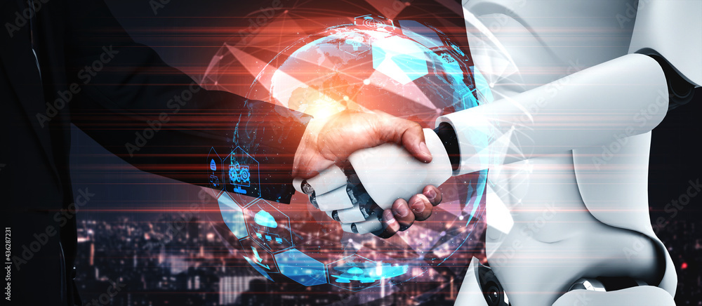 Poster 3d rendering humanoid robot handshake to collaborate future technology development by ai thinking br