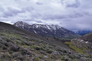 Mt Timpanogos landscape snow spring  views from Mount Mahogany hiking trail, Wasatch Front Rocky Mountains, by Orem and Provo, Utah. United States. USA