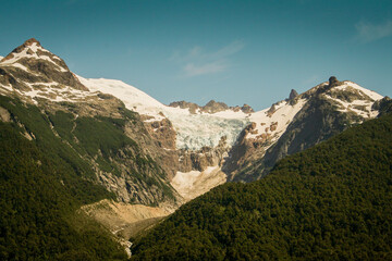 Torrecillas glacier in the mountains, in Los Alerces National Park, in Chubut, Patagonia Argentina, during summer