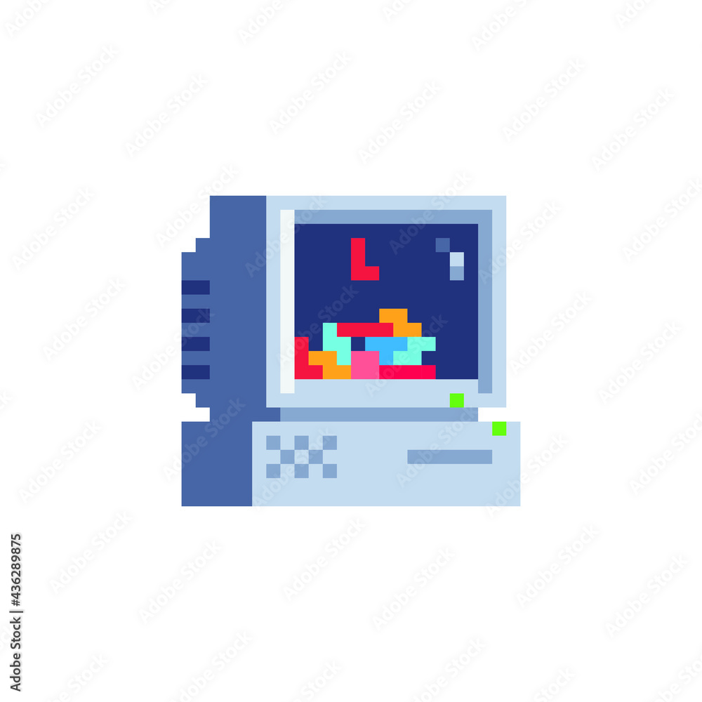 Poster retro computer. pixel art icon. tetris game on the screen. stickers design. isolated vector illustra