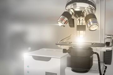 chemical study concept, laboratory modern scientific microscope with flare on soft focus background - object 3D illustration