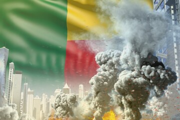 big smoke pillar with fire in abstract city - concept of industrial catastrophe or terroristic act on Benin flag background, industrial 3D illustration