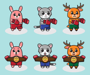 Vector, cartoon, and illustration of animal wearing boxing gloves and hold champion belt. Rabbit ,cat ,Deer cartoon.