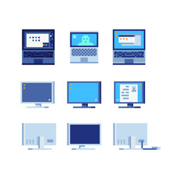 Monitor, computer, display, ps flat style icons set. Pixel art. 8-bit sprite. Isolated vector illustration.  Element design for mobile app, web, sticker, logo.