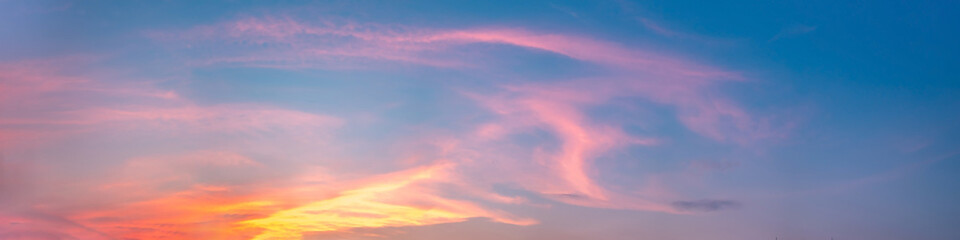 Dramatic panorama sky with cloud on sunrise and sunset time. Panoramic image.