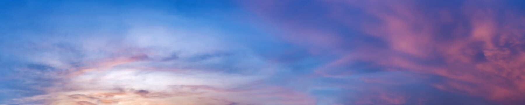 Dramatic panorama sky with cloud on sunrise and sunset time. Panoramic image..