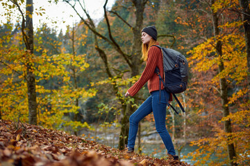 woman hiker walking in the park in autumn nature tall trees landscape leaves model