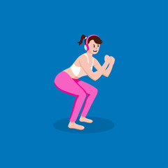 Sexy pink lady at the gym, flat female character isolated on blue background