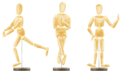 デッサン用モデル人形3種の手描き水彩風イラスト