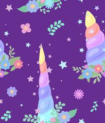 Seamless child pattern with rainbow unicorn horns with wreath of flowers and stars sparks on violet background. Rainbow decoration. Vector cartoon flat texture for wallpaper, fabric