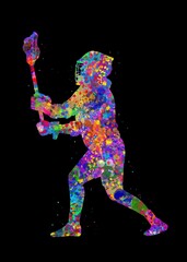 Naklejka na ściany i meble Lacrosse player watercolor art with black background, abstract sport painting. sport art print, watercolor illustration rainbow, colorful, decoration wall art.