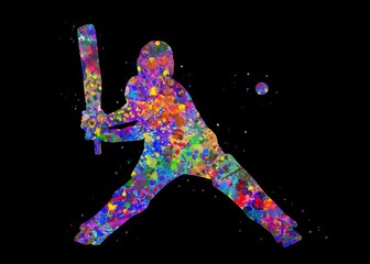 Cricket player watercolor art with black background, abstract sport painting. sport art print, watercolor illustration rainbow, colorful, decoration wall art.