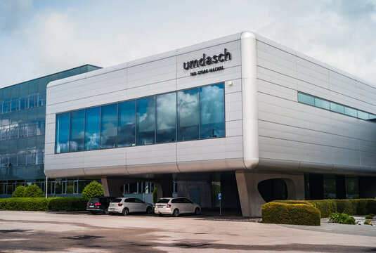 Amstetten, Austria - May 14 2021: Umdasch The Store Makers Shipfitting Company Headquarter or HQ Bulding.