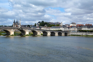 Blois, France. Jaques Gabriel stone bridge (1724) and the historical part of the city 