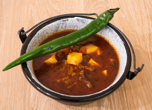 Hungarian Goulash or Gulyas Served in a Small Cauldron