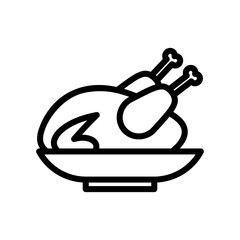 Roasted Chicken Vector Icon in Outline Style. Roast chicken is chicken prepared as food by roasting whether in a home kitchen, over a fire, or with a rotisserie rotary spit. Vector illustration icon.