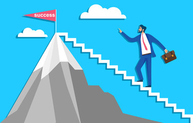Career ladder, a man in a business suit climbs up the career ladder. Vector illustration.